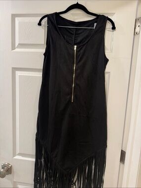 Black Sleeveless Fringe Dress with Front Zip